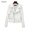 Fitaylor Spring Autumn Women Biker Leather Jacket Soft PU Punk Outwear Casual Motor Faux Leather White Jacket 210908