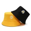 양면 어부 모자 작은 데이지 수 놓은 양동이 모자 와이드 브림 학생 귀여운 한국 패션 재미 모자
