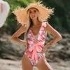 Bikini Set Sexig Deep-V One Piece Swimsuit Female Women Vintage Retro Bathing Suit Shoulder Ruffle Swime Backless