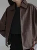 ラウタロ春秋の短い特大のカジュアルクールな茶色のブラックフェイクレザージャケット女性用ドロップショルダー長袖ジッパーl220801