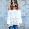 Kadın T-Shirt Kadın Beyaz Dantel Şifon Tişörtleri Sıradan Gevşek Seksi Kapalı Omuz Uzun Kollu Üstler Boho Blusas Femme Z2women's