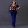 Navy Blue Velvet Phemsuit Prom Dresses 2022 Off Levers Black Girls Bress Bress Press Plus Size Scalial Party Outfit Vestidos Vestidos de Noche Largos