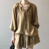 Kvinnors träningsdräkter Chiffon Solid 2 Pieces Women Shorts Set Loose Lantern Sleeved Blus and Wide Ben Elegant Office Lady Clothing