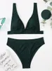 INGAGA Ribbed Bikini Women Swimsuit Waist Swimwear Sexy Vneck Biquini Set Solid Bathing Suits High Cut Beachwear 220620