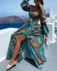 Casual Dresses Summer Women Fashion Vacation Holiday Beach Wear Long Dress Sleeve Loose Tribal Print Off Shoulder Corset Slit Maxi DressCasu