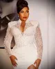 High Split Mermaid Wedding Dresses V Neck Full Sleeve Beaded Illusion Bridal Gowns Custom Made White Satin Dress