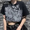 Gotik Stil Kırpma Üst T Gömlek Kadınlar Için Moda Giyim Grunge Tshirt Yaz Harajuku Tee Croptop Goth Emo Alt Giysi Dropship 220328