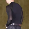 メンズ Tシャツ男性ボディレジャー薄い Tシャツセクシーな黒のボディスーツモーダルアイスシルク視点透明小さなハイネック長袖 Shir