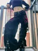 Jeans da donna SUCHCUTE Pantaloni a gamba larga con fasciatura a catena gotica Pantaloni donna oversize a vita bassa Pantaloni accademici scuri Streetwear Pantaloni larghi anni '90 Stile punk T220825