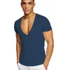 Summer Sexy Deep VNeck Mens T Shirt Low Cut Vneck Wide Vee Tee Male Tshirt Short Sleeve Causal Solid Tops Invisible Undershirt 220629