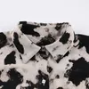 T-Shirt Femme Tie Dye Imprimer Crop Top Femme Manches Longues Col Rabattu Bouton Bandage Évider Sexy Vintage Lace Up Leopard T ShirtWome