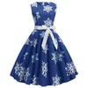 Christmas Snowflake Print Sleeveless Vintage Dresses Women Midi Skater Dress With Sash