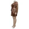 プラスサイズのドレス2022秋ヨーロッパとアメリカンスタイルのヒョウプリントドレスラージスイングブラウンレースアップスカート