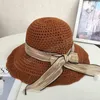 Wide Brim Hollow Out Knitted Crochet Sun Hat Women Summer Big Bows Floppy Panama Hats Female Fisherman Cap Beach Bucket Hats