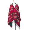 Women Hooded Blanket Poncho Knitting Vintage Pattern Tassel Cape Wraps Photo Travel Cloak with Tassel Horn Button