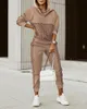 ファッションの女性格子縞のプリントジッパーフロントフード付きトップパンツセット2つのピーススーツフレアパンツアウトウェア220801
