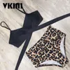 Mayo Kadınlar Yüksek Bel Mayo Push Up Bikini Kadın Seksi Leopar Çapraz Bandaj Mayo Kadın Set Artı Boyutu 220408