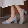 Dress Shoes Mary Janes Women Square Toe Pumps Pearls Heels Boat Med Heeled Zapatos Mujer Blue Black
