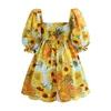 Mulher Puff Dress Sleesess Dress Van Gogh Gunflower Impressa Pleated Square Collar Dress S-XL