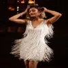 Robe Sexy à franges et paillettes pour femmes, couture de plumes, Slim, col en v, épaules dénudées, dos nu, Mini Robe, été, 2022