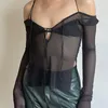 Goth Dark Y2K Punk Mesh См. Футболки Women Cyber ​​Sexy Sexy Summer Halter Tops Lace Up Techwear Черная лоскутная одежда 220525