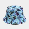 Beralar Unisex Küçük Dinozor Baskı Pamuk Balıkçı'nın Şapka Çift Taraflı Kova Şapkaları Açık Balıkçılık Kapağı UV Koru Seyahat Kapsberets Bere