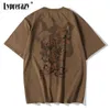 Lyprerazy 중국 빈티지 원숭이 왕 자수 T 셔츠 Tshirt 남자 스트리트웨어 Tshirt 힙합 4xl 옷 갈색면 220614