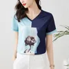 Women Designer Vintage Tee Shirt Summer Short Sleeve Women Casual T-Shirt Office Ladies V-ringning Tshirt Korean Chic Printed Fabric Girls Silk Top Graphic Tee