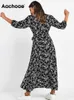 Aachoae Vintage Floral Print Maxi Dress Women Boho Three Quarter Sleeve Long Dress Slå ner Collar Casual Shirt Dresses Robe 220516