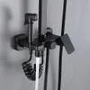 マットブラックバスルームシャワー棚付き棚降雨バスブミキサータップ3ウェイ機能セット