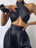 HOVON Slik Elastic Strapless Tracksuit Sexy Two Piece Set Women Halter Cross Backless Top And Wide Leg Pant Suit Summer Outfits 220527