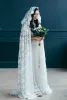 Lily Collins Inspired Wedding Veil med Hood 2023 Chapel Long Bridal Cape Helt spetsar västra brittiska viktorianska kappan täcker vit svart rodnad