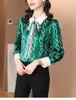 Women's Blouses & Shirts Satin Women Casual Splicing Bow Tie Summer Korean Fashion Loose Long Sleeve TopWomen's