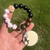 Wood Bead Bracelets Party Favor Football Softball Keychain with Wood Chip Wristband Pendant Fashion Wristlet Bangles Holder Wrist Ring Jewelry B8186