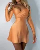 Casual Dresses 2022 Mini Women Cowl Neck Blommigryck Spaghetti Solid Satin Cami Off Shoulder Långärmad Klänning