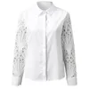 Kvinnors blusar skjortor sexiga kvinnor vit spetsskjorta långärmad blommig skarvning lapel blus topp kvinnlig elegant dam svart ren kläder