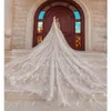 Abito da principessa lucido da ballo Abiti da sposa Scollo profondo a V Manica lunga Applicazioni in pizzo Paillettes Lunghezza al pavimento Strascico Increspature Taglie forti Abito da sposa Realizzato su misura