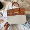 Platinum Designer Bag Handmade Handbag Ins Women's 2024 Spring and Summer Female Foreskin with Canvas Contrast Color Hand Shoulder Genuine Leather