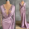 Lavender Mermaid Evening Prom Dress Sequins Long Sleeve Deep V Neck Lace Appliqued Glitter Sweep Train Evening robes de soirée Plus Size Custom Made