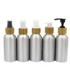 120 ml kosmetisk förpackning aluminium påfyllningsbar flaska bambu trärätt lock pp spray lotion press pump tom tenn metall schampo gel behållare