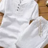 Mężczyzn Men S Bawełna i lniana krótkie rękawe koszulka kostki Zestaw spodni