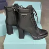 Designer Plaque Boots Lace Up Ankle Boot 9.5cm Women Black Leather Combat Boots High Heel Winter Booty Top Quality With Box NO256