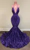 2022 Purple Sparkly Sequined Spets Long Evening Dresses Wear Sexy Backless Harter African Girls Mermaid Sequin Women Formal Prom P4819893