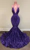 2022 Purple Sparkly Sequined Lace Long Evening Dresses Wear Sexy Backless Halter African Girls Mermaid Sequins Women Formal Prom Party Gowns Plus Size