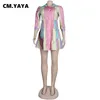 CM.YAYA Women Mini Dress Print Three Quarter Sleeve Turn-down Collar A-line Dresses Office Lady Fashion Vestidos Autumn Outfits 220426