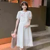 Beautiful Loose Maternity Summer Cotton Dress Peter Pan Collar Short Sleeves Pregnant Woman Floral Embroidery Aline Dress Wholesale J220628