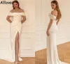 Off Shoulder Mermaid Wedding Dresses Arabic Aso Ebi Ruched Elegant Satin Formal Boho Bridal Clowns Sweep Train With Split Sexy Modern Bride Dress Garden Beach CL0845