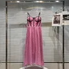 Ny design Womens Pink Color Flower Print Spaghetti Strap vadderad hög midja maxi Long Dress Party Vestidos SML