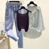 Pantalones De Dos Piezas para Mujer Camisa A Rayas para Mujer Chaleco Jeans Tres Primavera Otoño Elegante Blusa Traje Moda Coreana Top Pantalones De Mezclilla Conjunto E