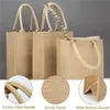 Reusable Burlap Tote Bags Women Jute Beach Shopping Grocery Bag with Handle Large Capacity Travel Storage Organizer